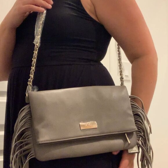 NWT BCBG Paris Taupe Fringe Foldover Crossbody Bag - Picture 15 of 15
